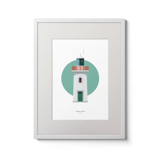 Contemporary wall art decor of Scattery Island lighthouse on a white background inside light blue square,  in a white frame measuring 30x40cm.