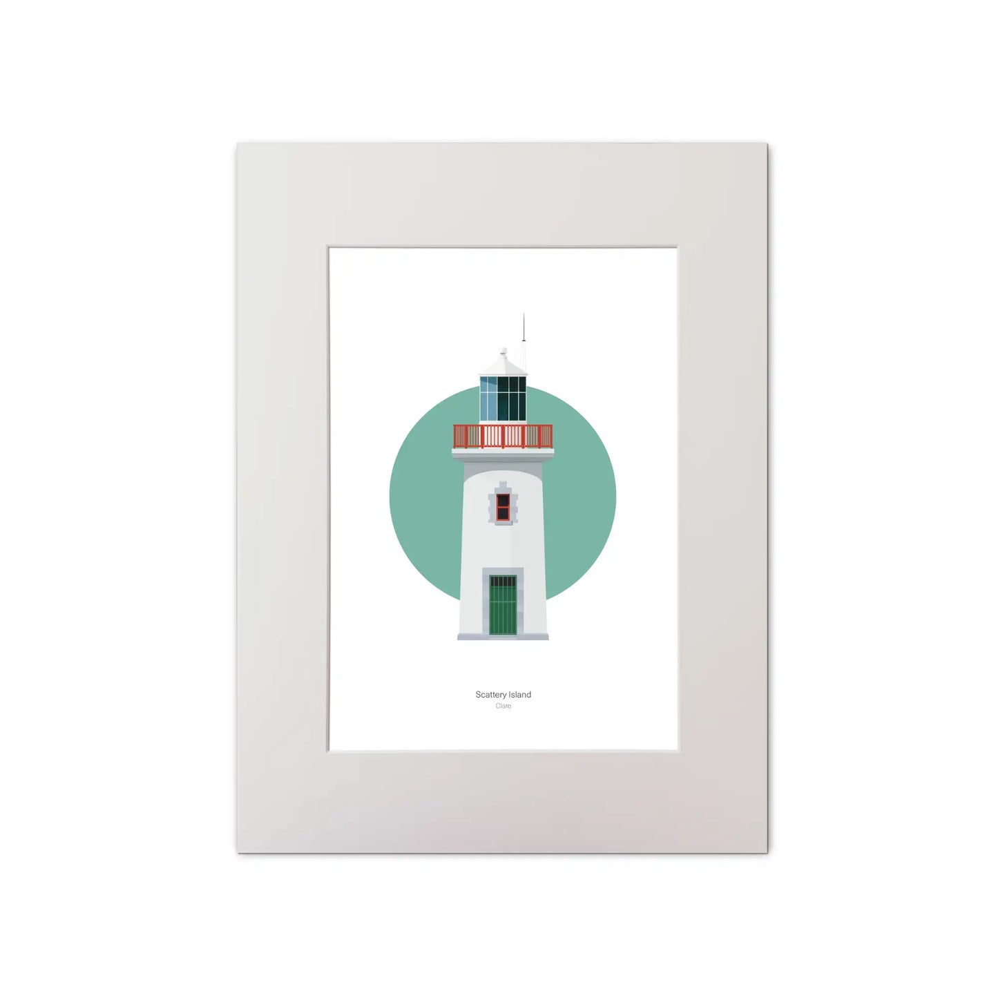 Contemporary graphic illustration of Scattery Island lighthouse on a white background inside light blue square, mounted and measuring 30x40cm.