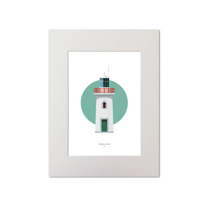 Contemporary graphic illustration of Scattery Island lighthouse on a white background inside light blue square, mounted and measuring 30x40cm.
