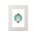 Contemporary graphic illustration of Scattery Island lighthouse on a white background inside light blue square, mounted and measuring 30x40cm.
