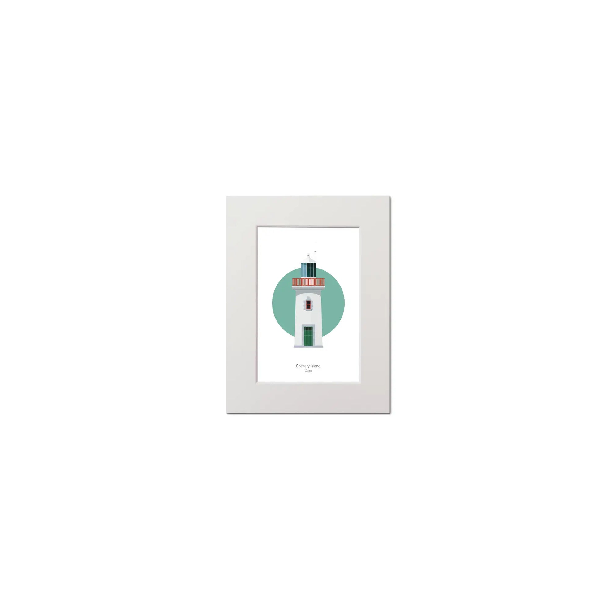 Contemporary graphic illustration of Scattery Island lighthouse on a white background inside light blue square, mounted and measuring 15x20cm.