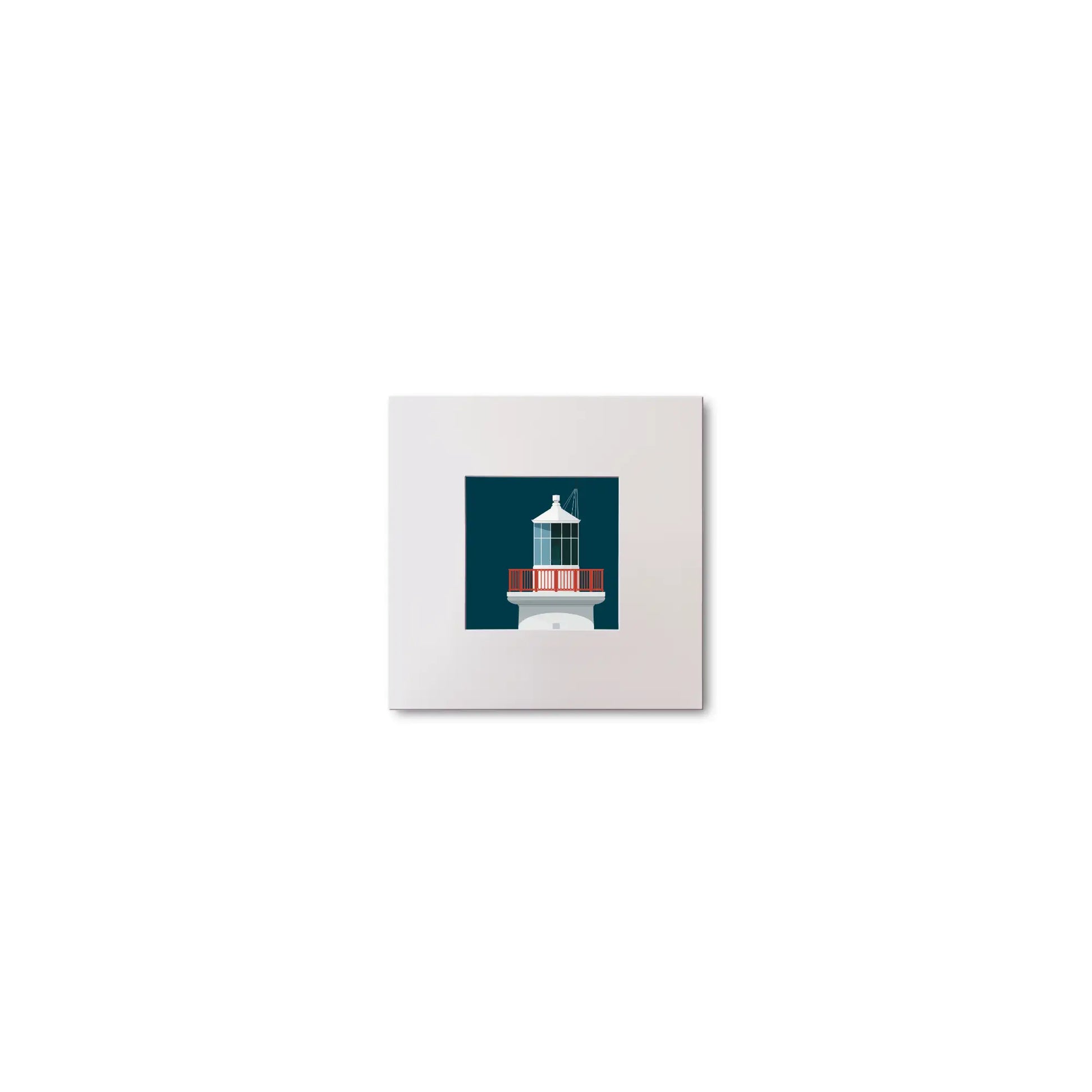 Illustration of Scattery Island lighthouse on a midnight blue background, mounted and measuring 10x10cm.