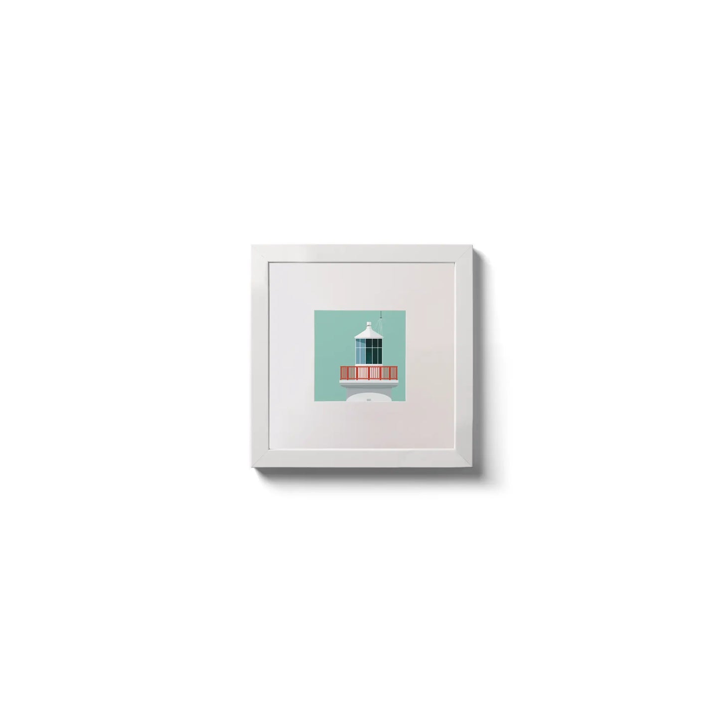 Illustration of Scattery Island lighthouse on an ocean green background,  in a white square frame measuring 10x10cm.