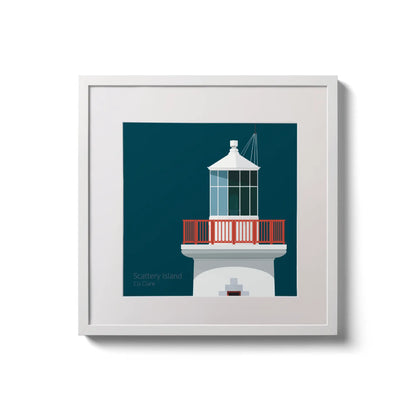 Framed wall art decoration of Scattery Island lighthouse on a midnight blue background,  in a white square frame measuring 20x20cm.