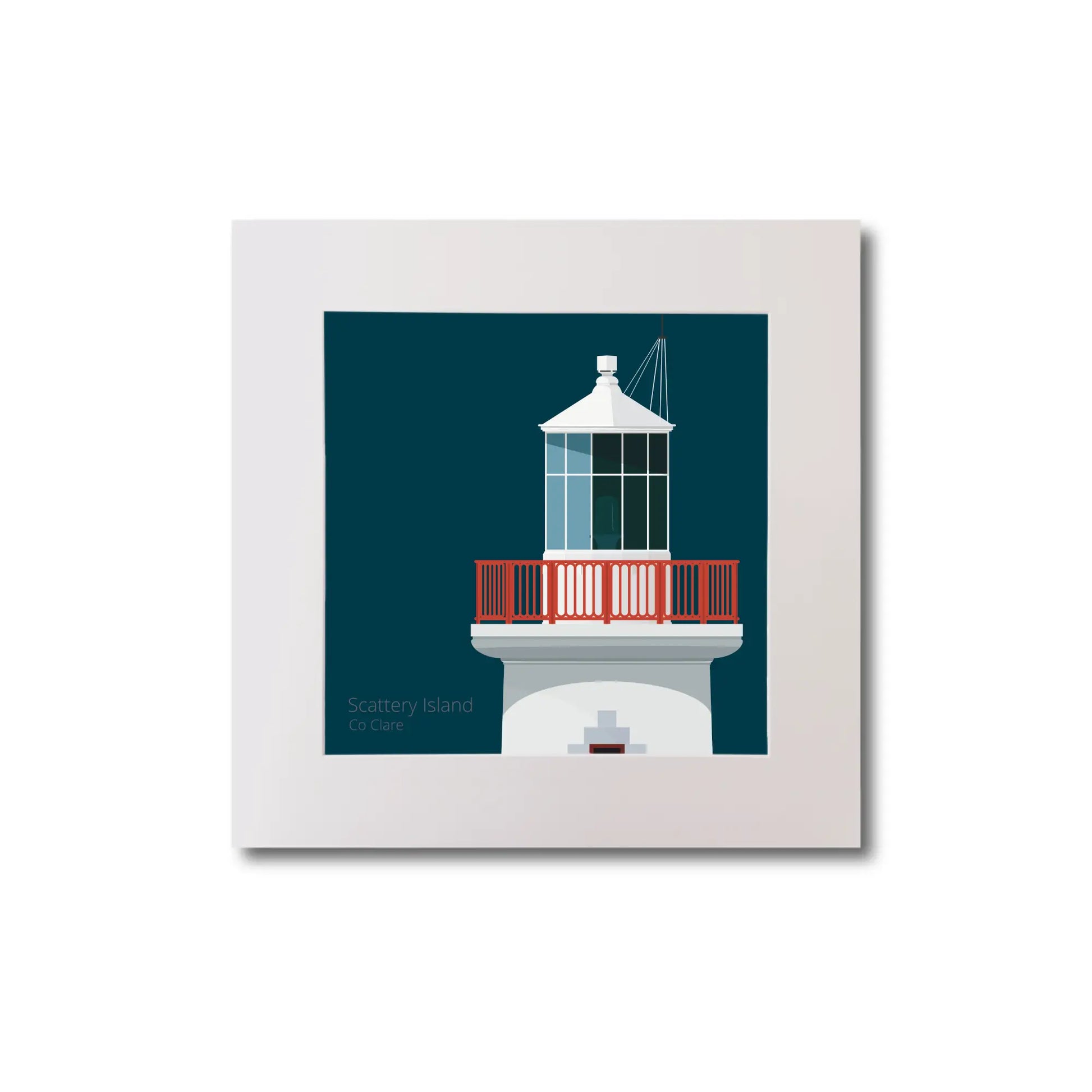 Illustration of Scattery Island lighthouse on a midnight blue background, mounted and measuring 20x20cm.