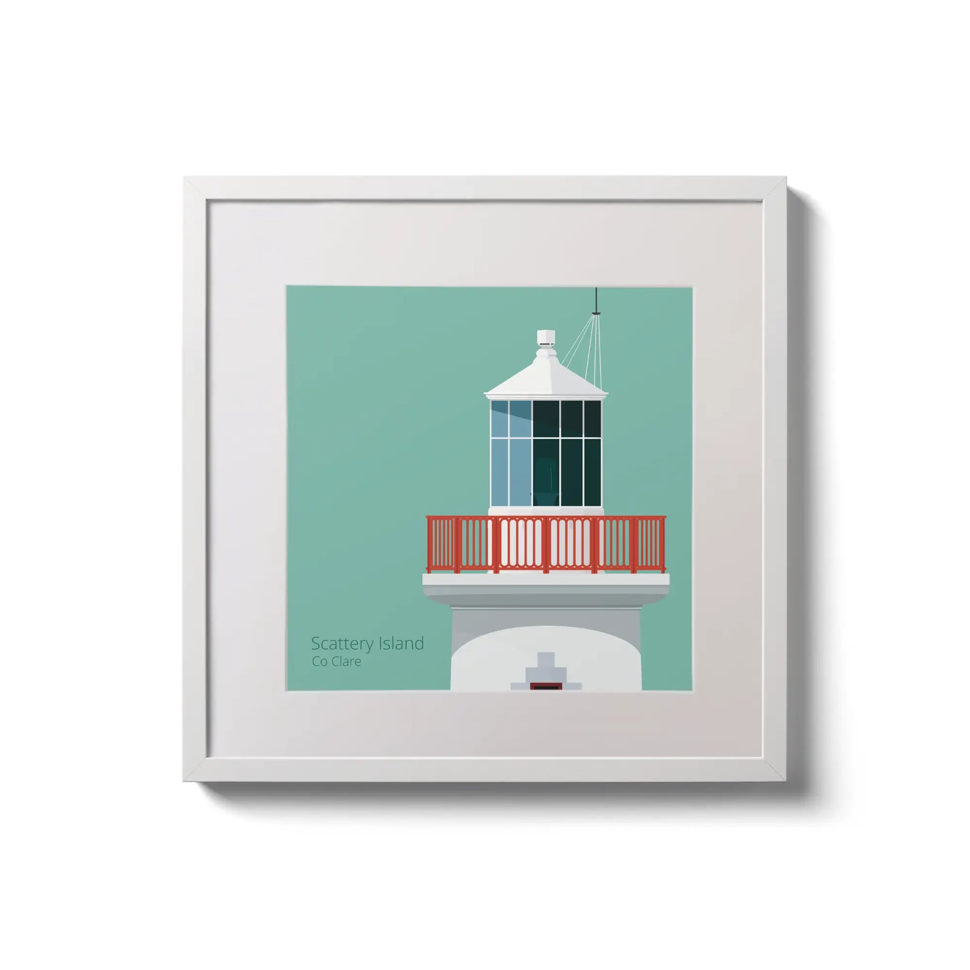 Contemporary wall hanging of Scattery Island lighthouse on an ocean green background,  in a white square frame measuring 20x20cm.