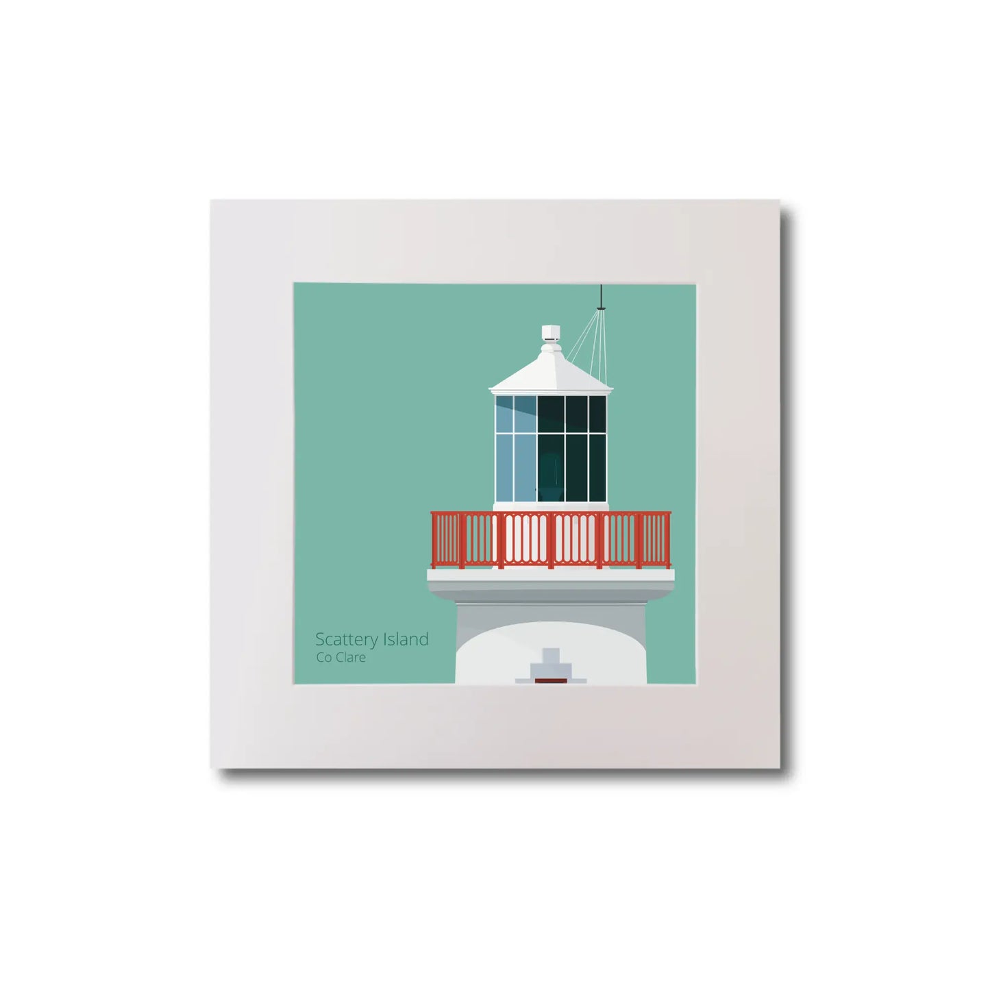 Illustration of Scattery_Island lighthouse on an ocean green background, mounted and measuring 20x20cm.