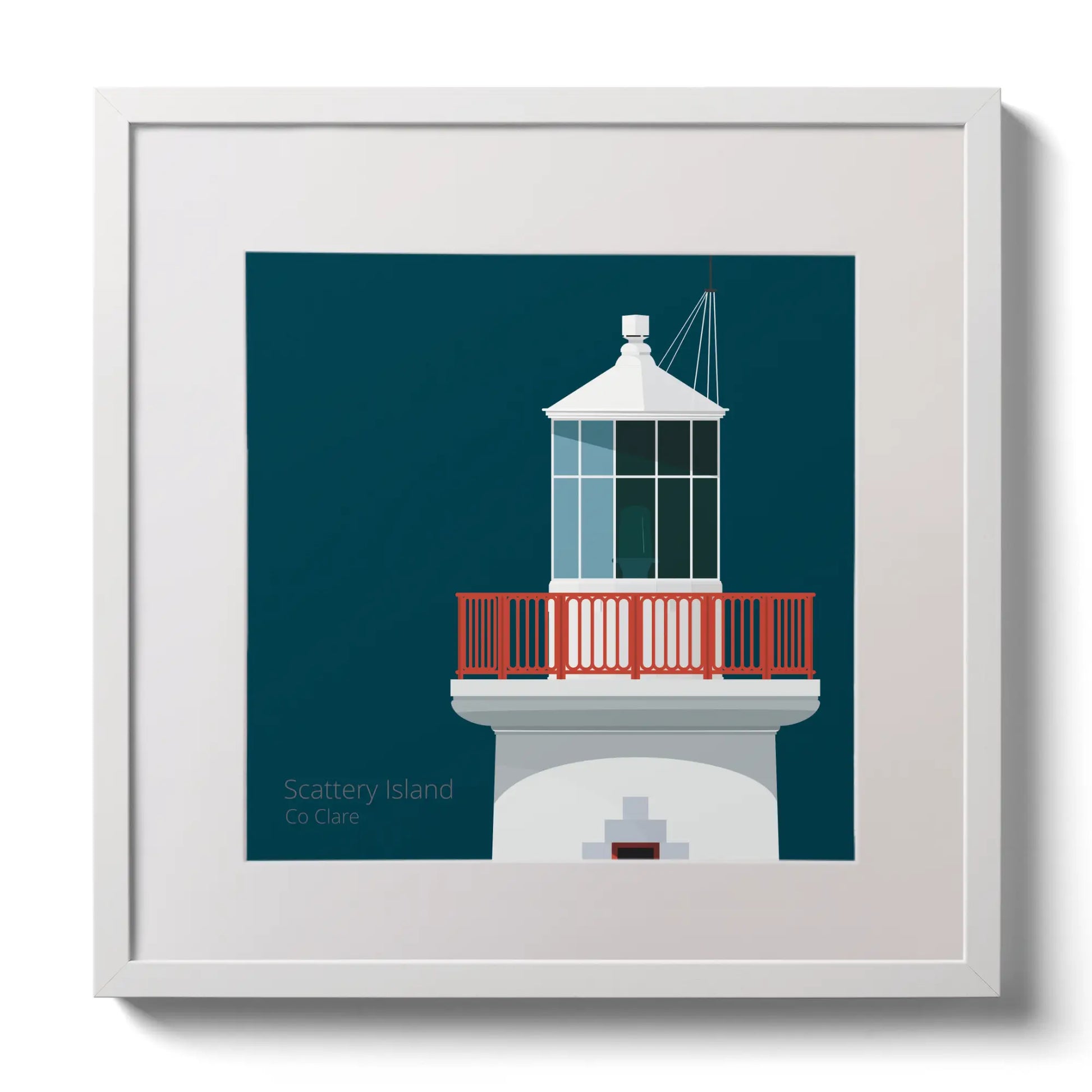 Illustration of Scattery Island lighthouse on a midnight blue background,  in a white square frame measuring 30x30cm.