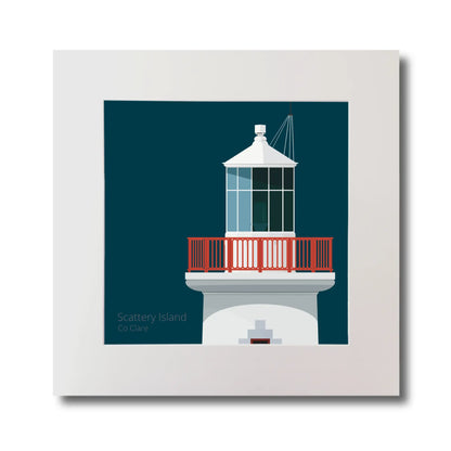 Illustration of Scattery Island lighthouse on a midnight blue background, mounted and measuring 30x30cm.