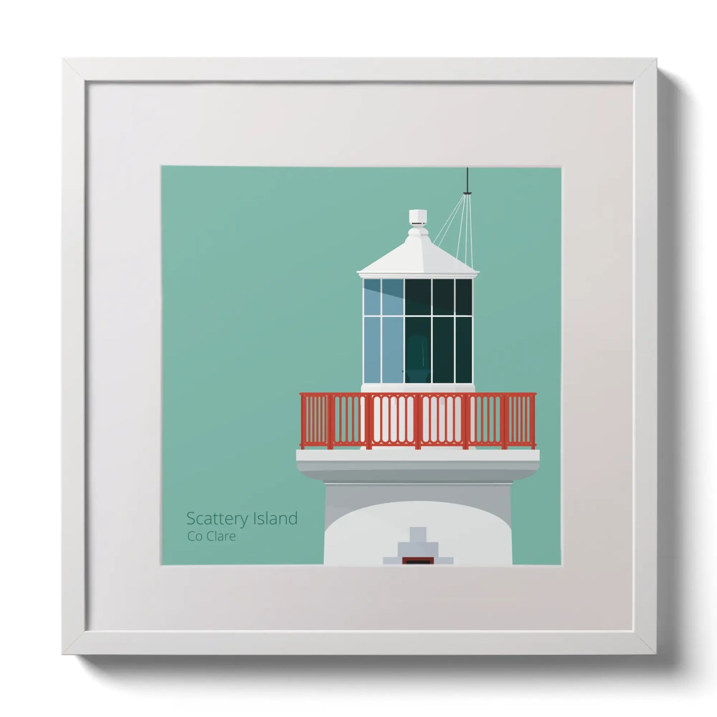 Illustration of Scattery Island lighthouse on an ocean green background,  in a white square frame measuring 30x30cm.