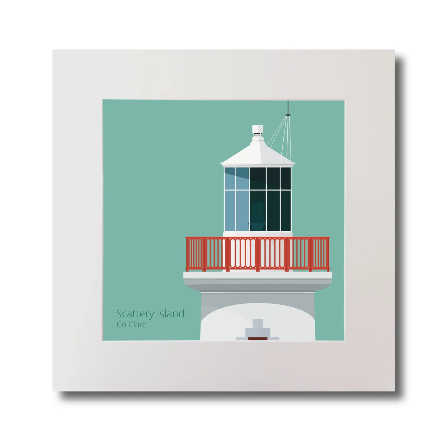 Illustration of Scattery Island lighthouse on an ocean green background, mounted and measuring 30x30cm.