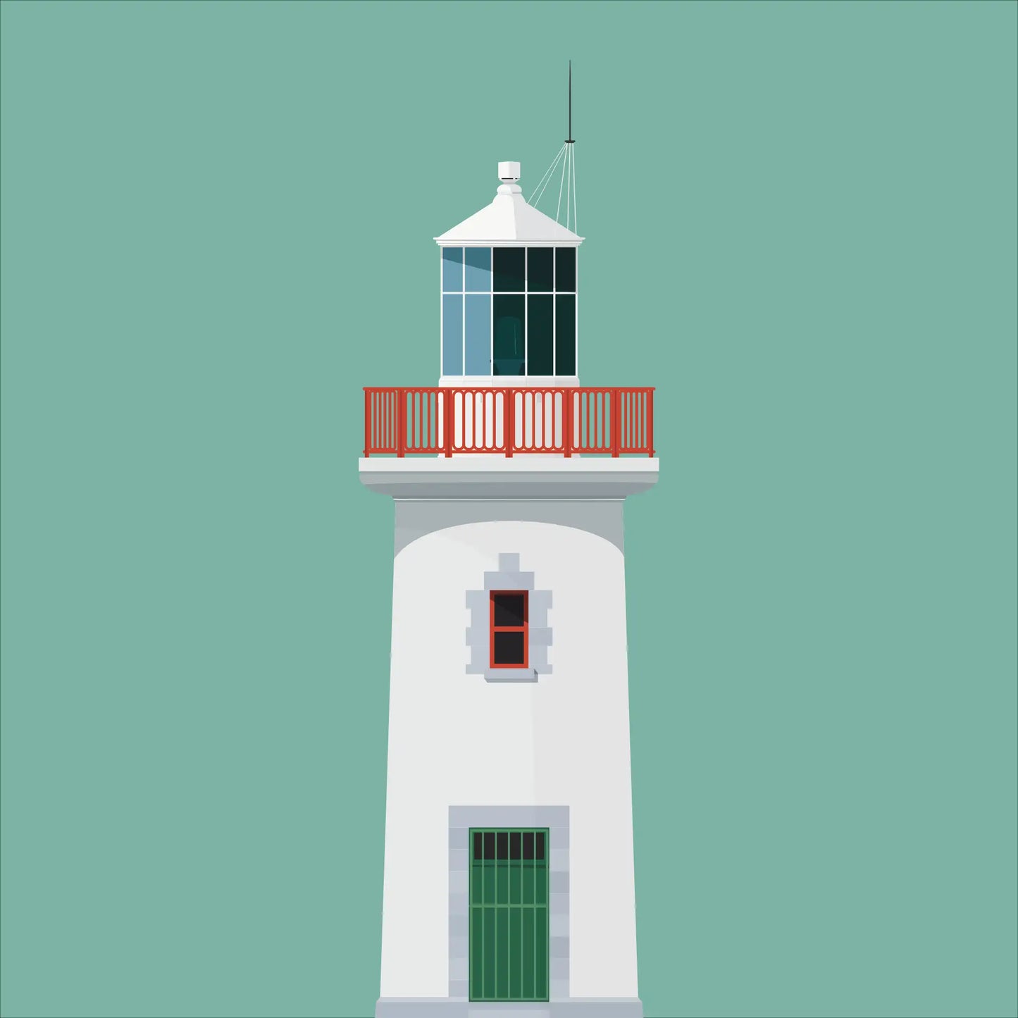 Contemporary graphic illustration of Scattery Island lighthouse on a white background inside light blue square.