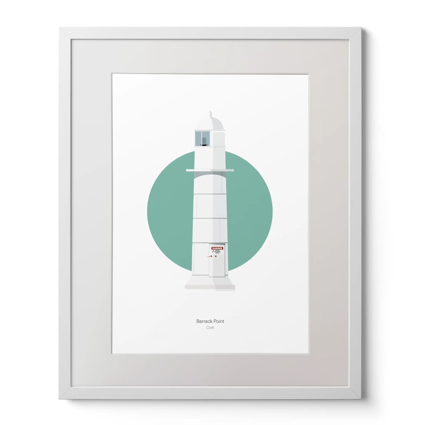 Contemporary art print of Barrack Point lighthouse on a white background inside light blue square,  in a white frame measuring 40x50cm.