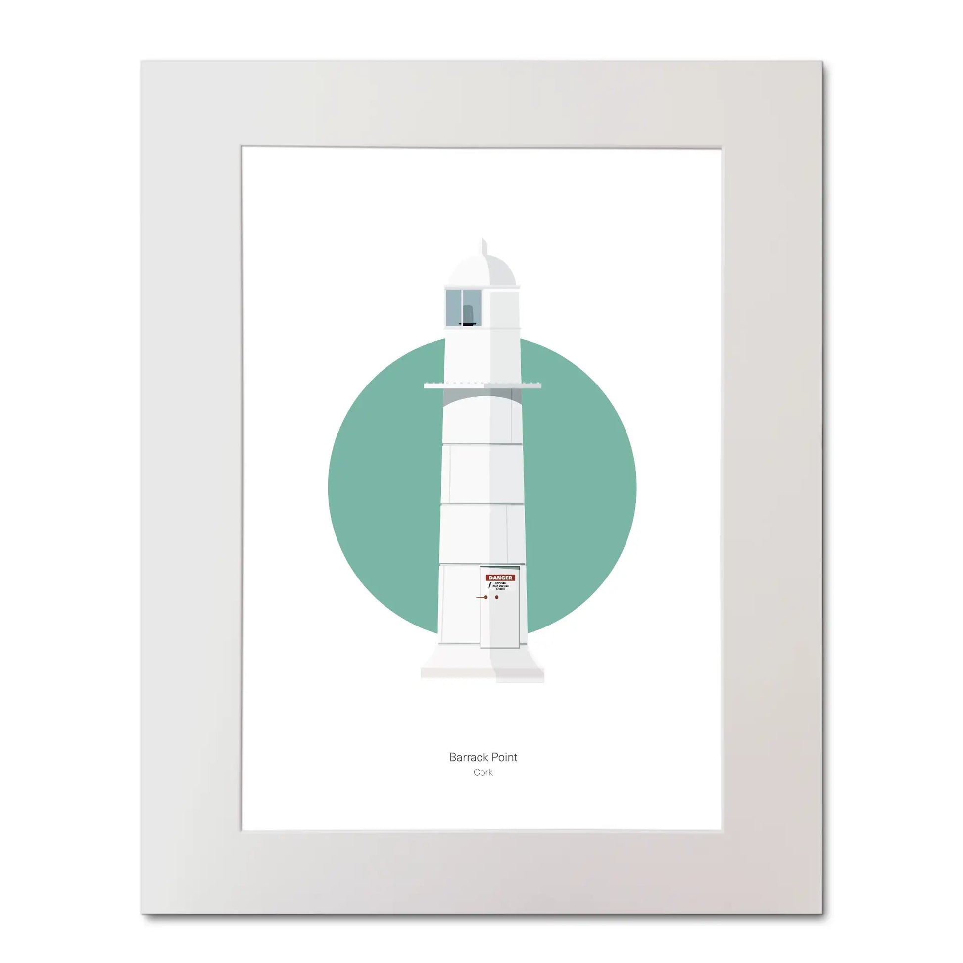 Contemporary illustration of Barrack Point lighthouse on a white background inside light blue square, mounted and measuring 40x50cm.