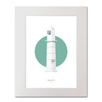 Contemporary illustration of Barrack Point lighthouse on a white background inside light blue square, mounted and measuring 40x50cm.