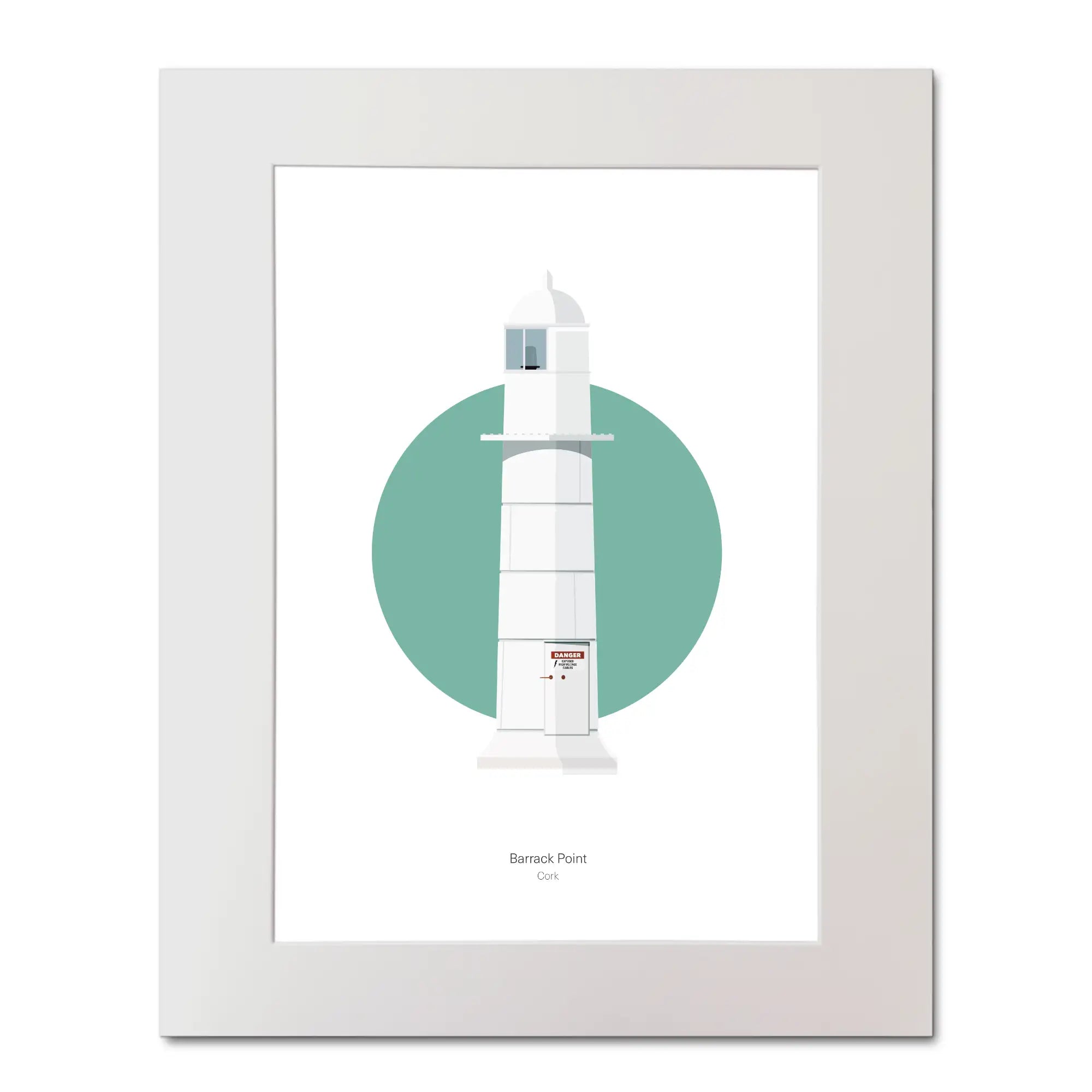 Contemporary illustration of Barrack Point lighthouse on a white background inside light blue square, mounted and measuring 40x50cm.