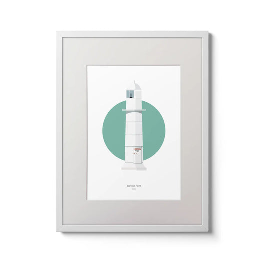 Contemporary wall art decor of Barrack Point lighthouse on a white background inside light blue square,  in a white frame measuring 30x40cm.