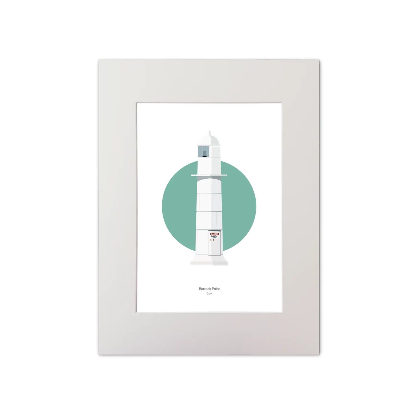 Contemporary graphic illustration of Barrack Point lighthouse on a white background inside light blue square, mounted and measuring 30x40cm.