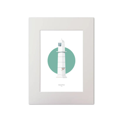 Contemporary graphic illustration of Barrack Point lighthouse on a white background inside light blue square, mounted and measuring 30x40cm.
