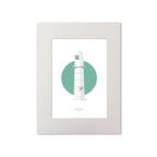 Contemporary graphic illustration of Barrack Point lighthouse on a white background inside light blue square, mounted and measuring 30x40cm.