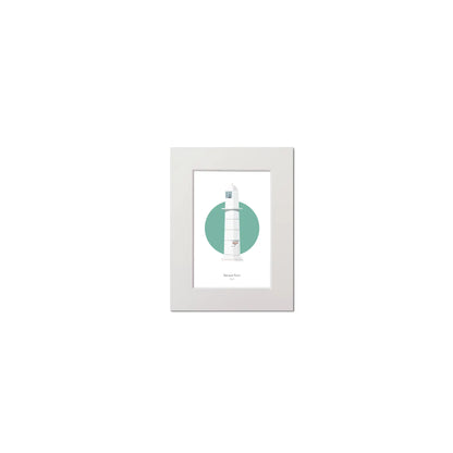 Contemporary graphic illustration of Barrack Point lighthouse on a white background inside light blue square, mounted and measuring 15x20cm.