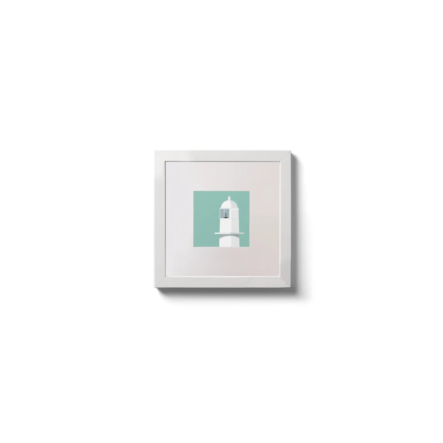 Illustration of Barrack Point lighthouse on an ocean green background,  in a white square frame measuring 10x10cm.