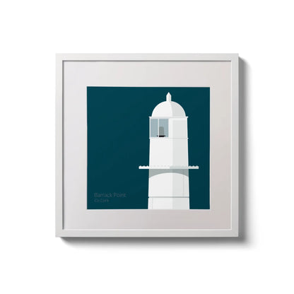 Framed wall art decoration of Barrack Point lighthouse on a midnight blue background,  in a white square frame measuring 20x20cm.