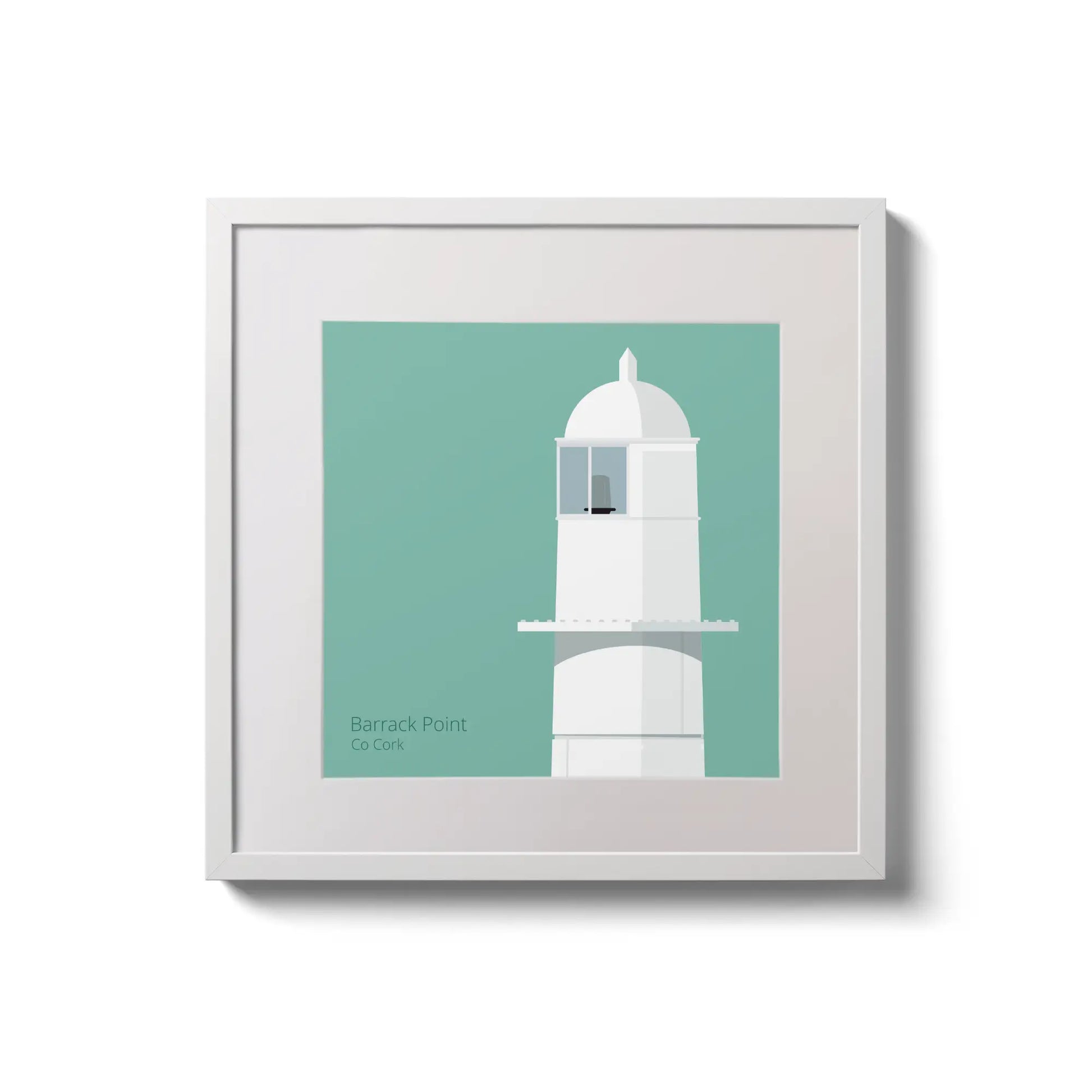 Contemporary wall hanging of Barrack Point lighthouse on an ocean green background,  in a white square frame measuring 20x20cm.