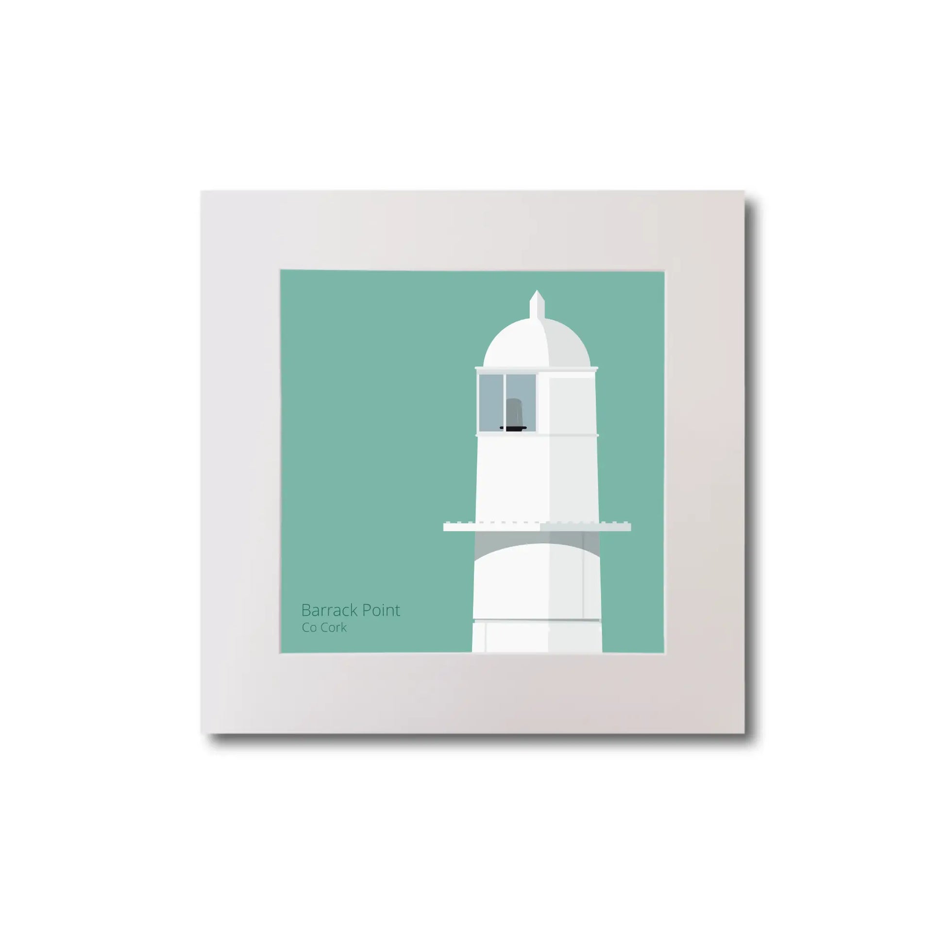 Illustration of Barrack_Point lighthouse on an ocean green background, mounted and measuring 20x20cm.