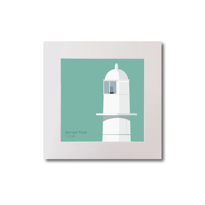Illustration of Barrack_Point lighthouse on an ocean green background, mounted and measuring 20x20cm.