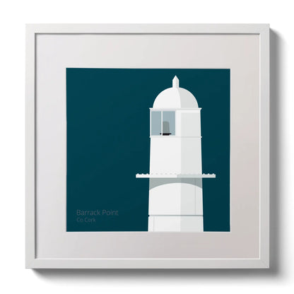 Illustration of Barrack Point lighthouse on a midnight blue background,  in a white square frame measuring 30x30cm.