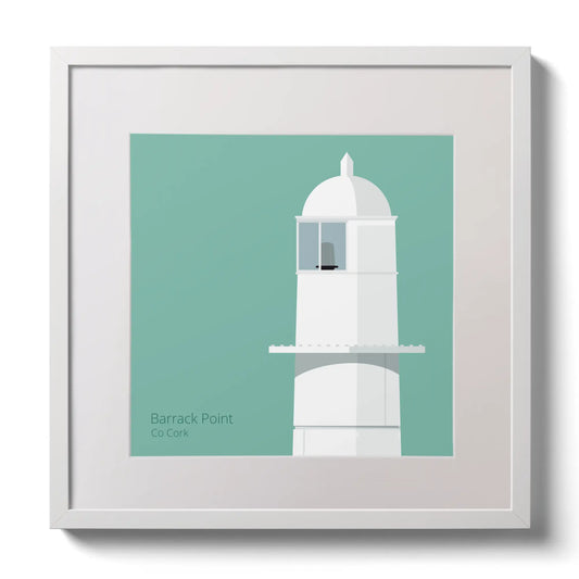 Illustration of Barrack Point lighthouse on an ocean green background,  in a white square frame measuring 30x30cm.