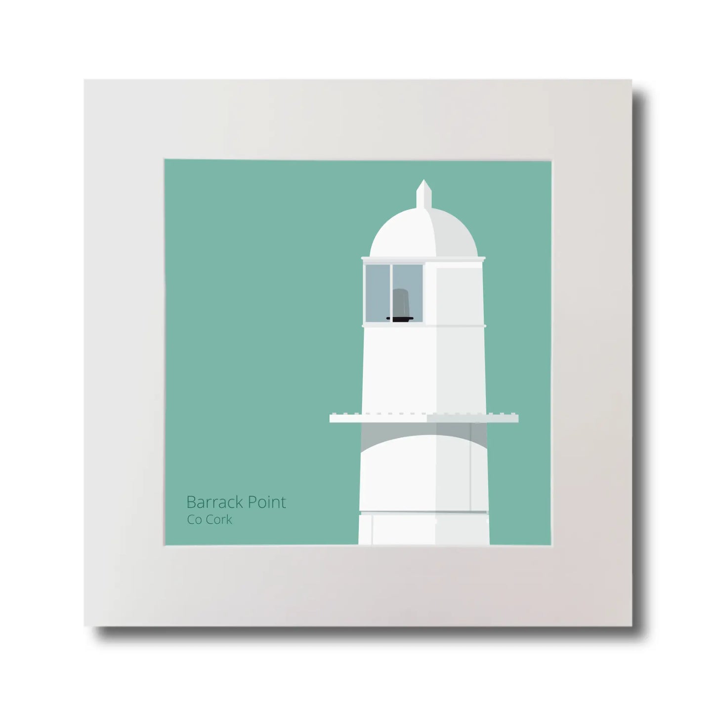 Illustration of Barrack Point lighthouse on an ocean green background, mounted and measuring 30x30cm.