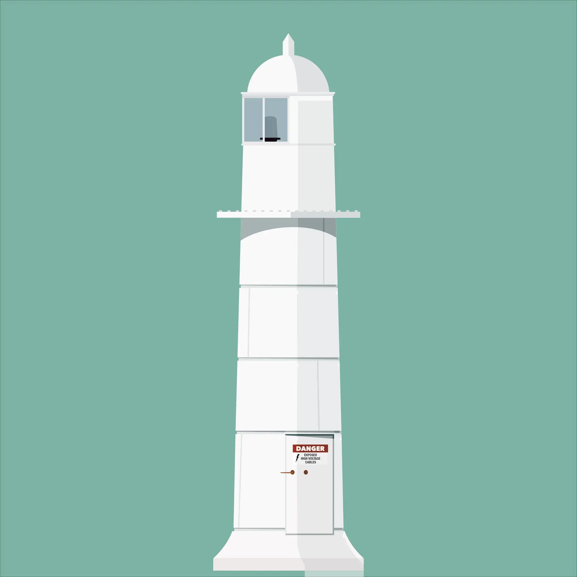 Contemporary graphic illustration of Barrack Point lighthouse on a white background inside light blue square.