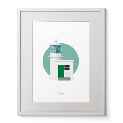 Contemporary art print of Achillbeg lighthouse on a white background inside light blue square,  in a white frame measuring 40x50cm.