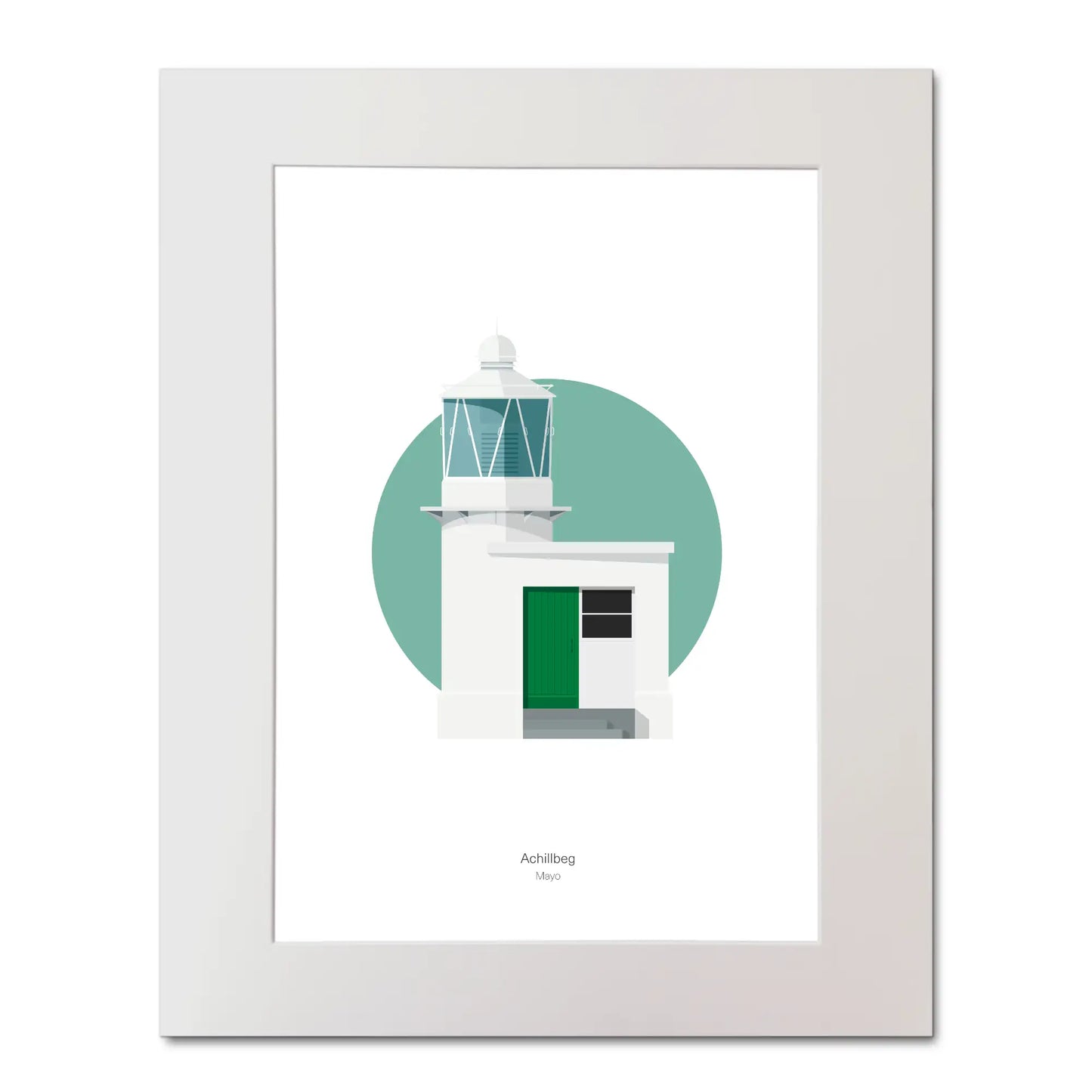Contemporary illustration of Achillbeg lighthouse on a white background inside light blue square, mounted and measuring 40x50cm.