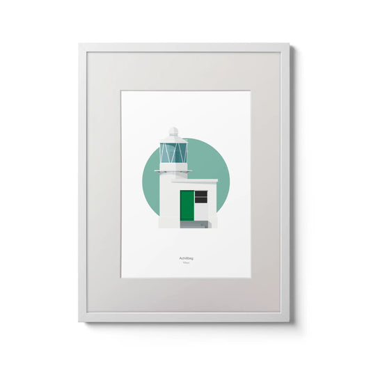 Contemporary wall art decor of Achillbeg lighthouse on a white background inside light blue square,  in a white frame measuring 30x40cm.