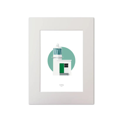 Contemporary graphic illustration of Achillbeg lighthouse on a white background inside light blue square, mounted and measuring 30x40cm.