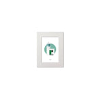 Contemporary graphic illustration of Achillbeg lighthouse on a white background inside light blue square, mounted and measuring 15x20cm.