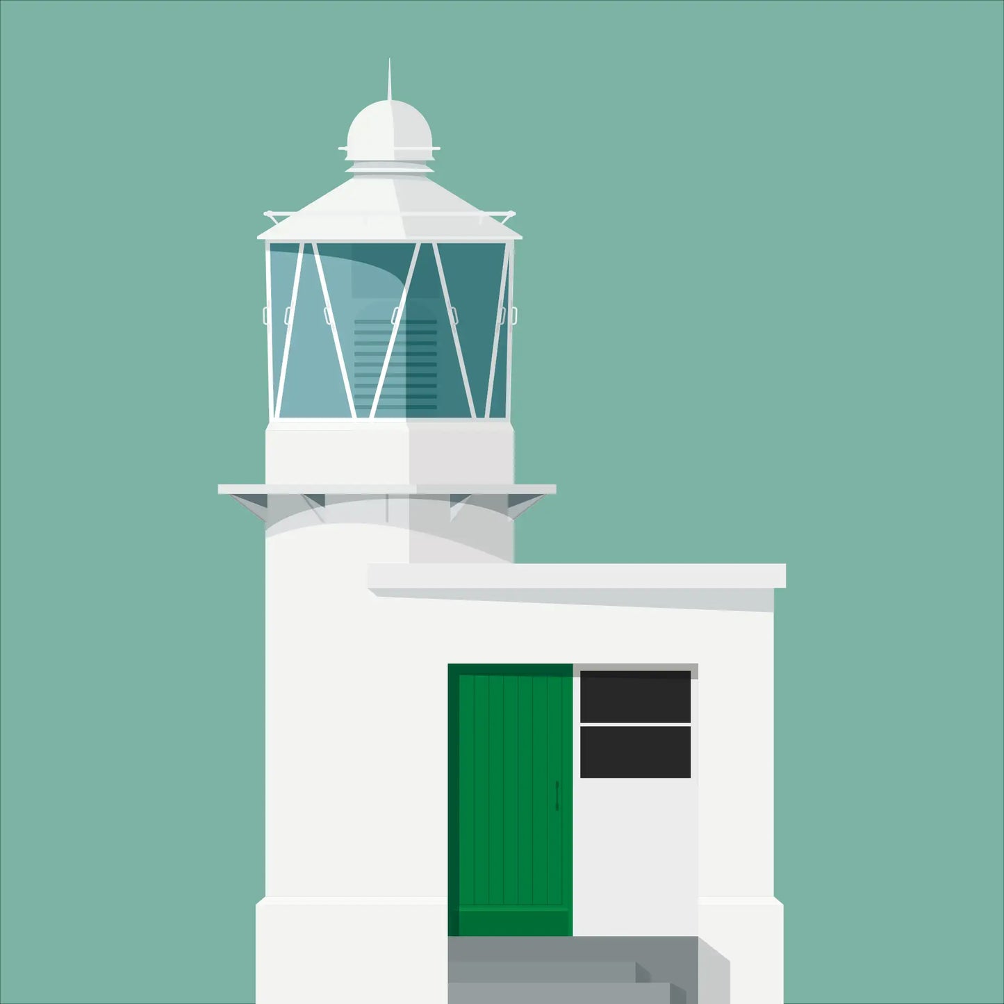Contemporary graphic illustration of Achillbeg lighthouse on a white background inside light blue square.