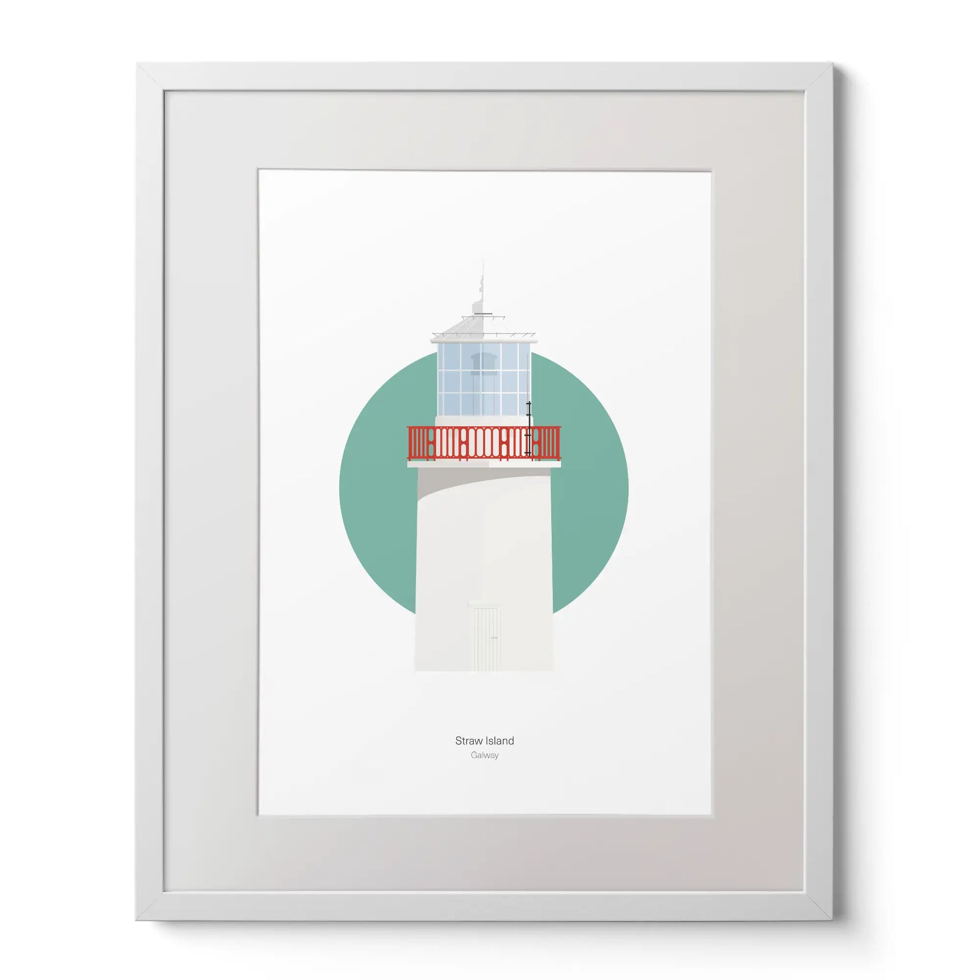 Contemporary art print of Straw Island lighthouse on a white background inside light blue square,  in a white frame measuring 40x50cm.