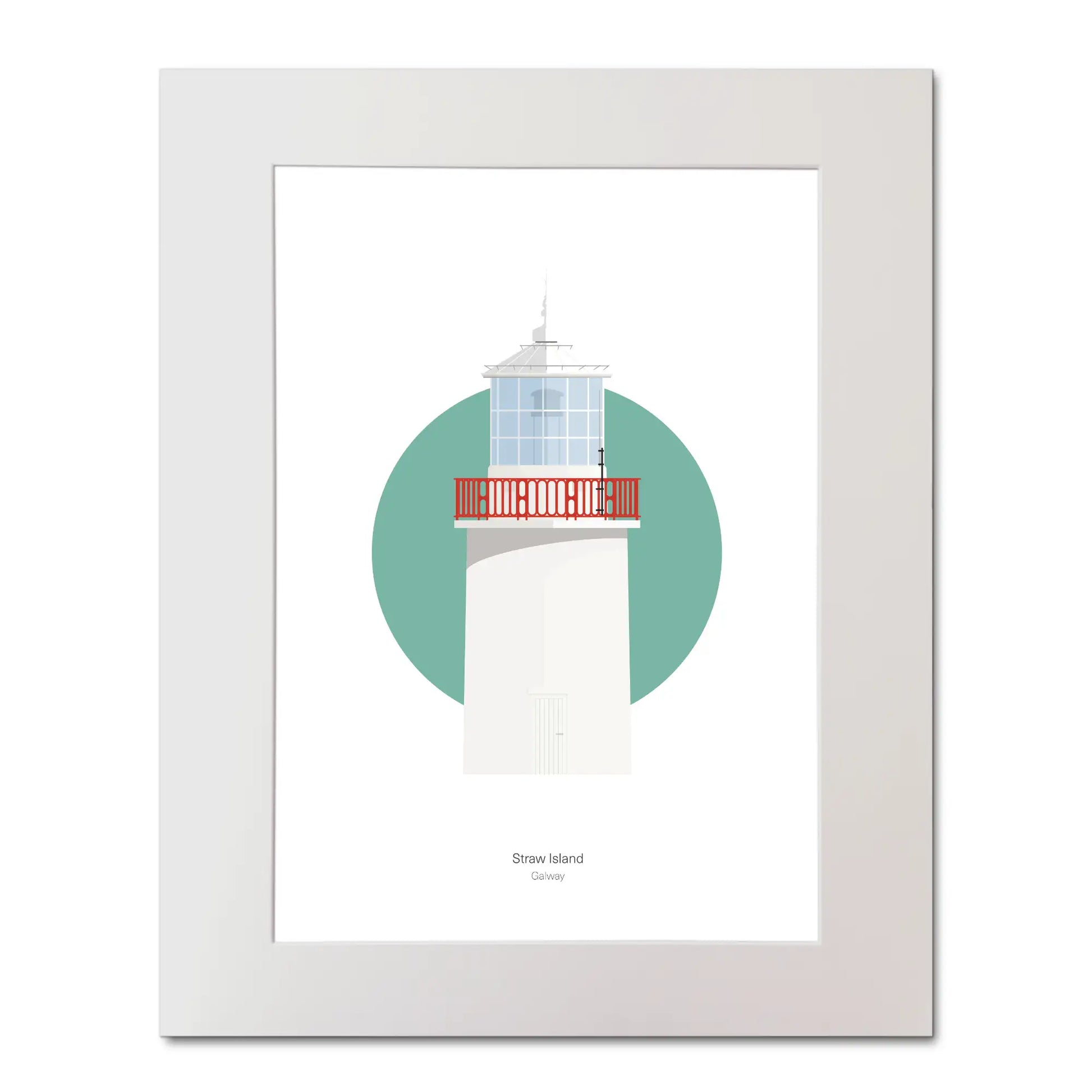 Contemporary illustration of Straw Island lighthouse on a white background inside light blue square, mounted and measuring 40x50cm.