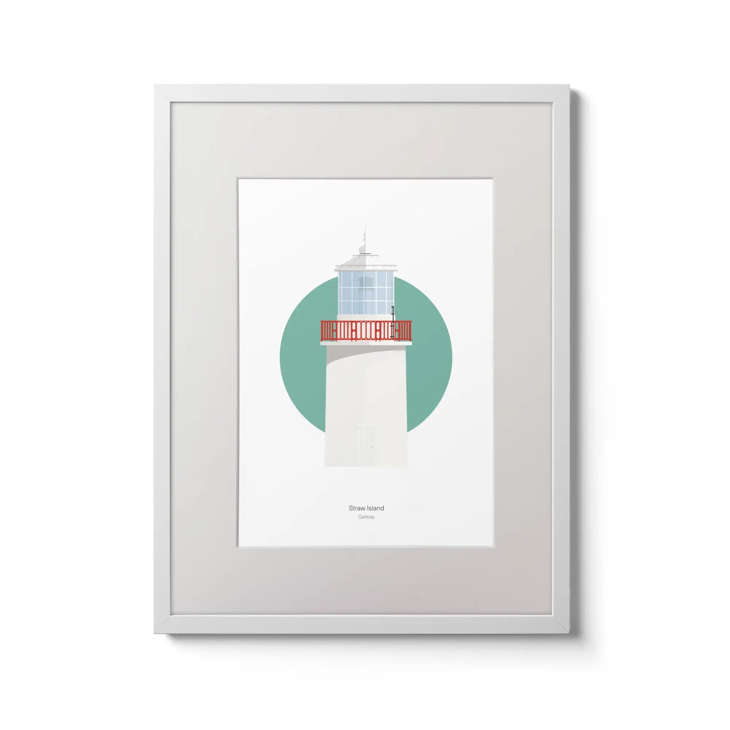 Contemporary wall art decor of Straw Island lighthouse on a white background inside light blue square,  in a white frame measuring 30x40cm.