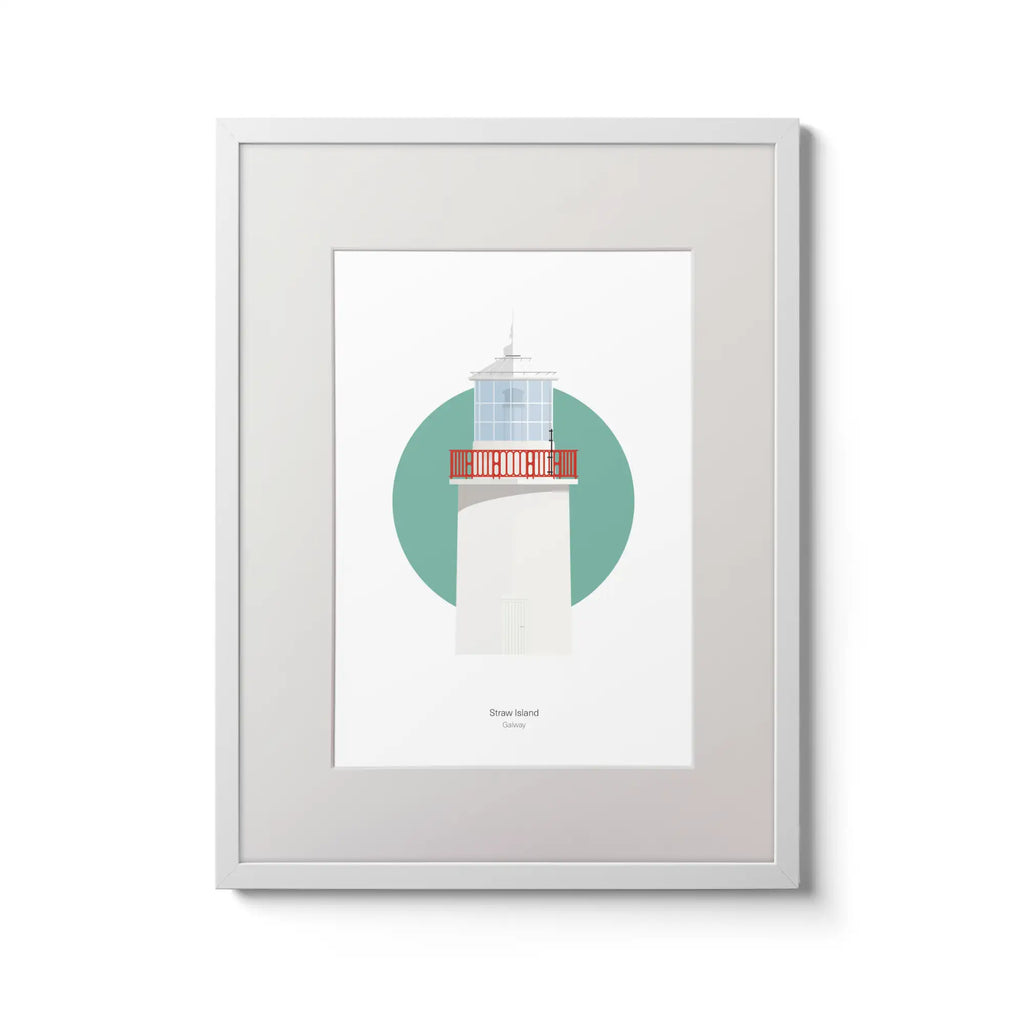 Contemporary wall art decor of Straw Island lighthouse on a white background inside light blue square,  in a white frame measuring 30x40cm.