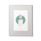 Contemporary wall art decor of Straw Island lighthouse on a white background inside light blue square,  in a white frame measuring 30x40cm.