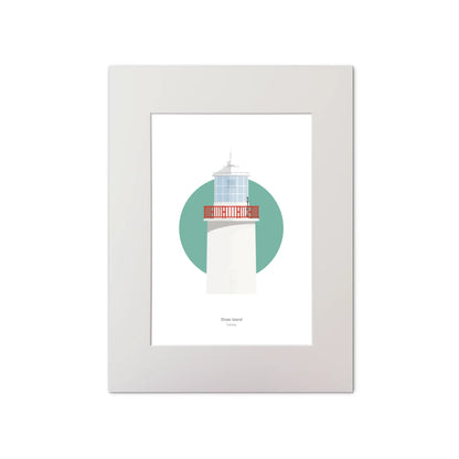 Contemporary graphic illustration of Straw Island lighthouse on a white background inside light blue square, mounted and measuring 30x40cm.