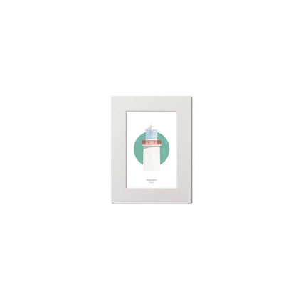 Contemporary graphic illustration of Straw Island lighthouse on a white background inside light blue square, mounted and measuring 15x20cm.
