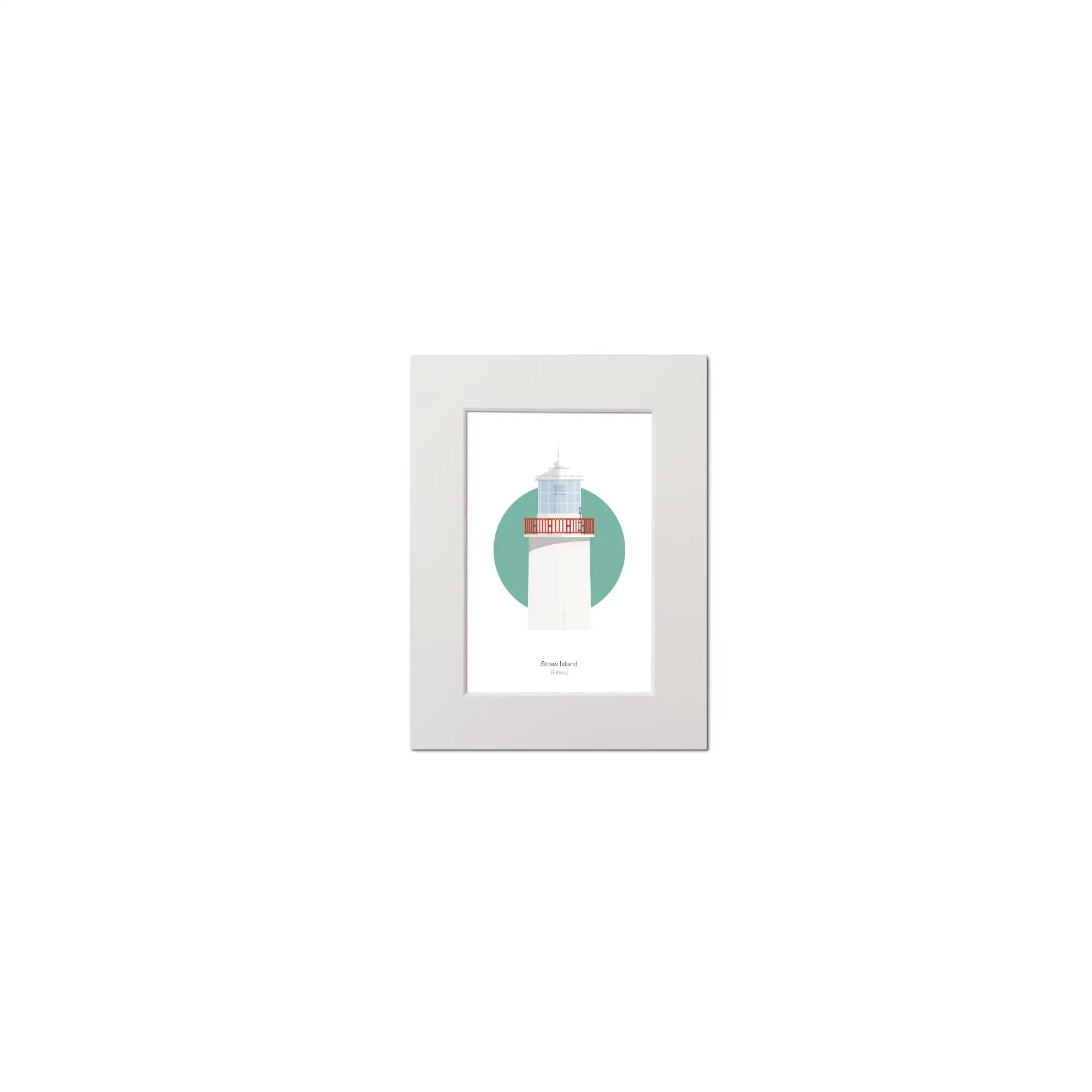 Contemporary graphic illustration of Straw Island lighthouse on a white background inside light blue square, mounted and measuring 15x20cm.