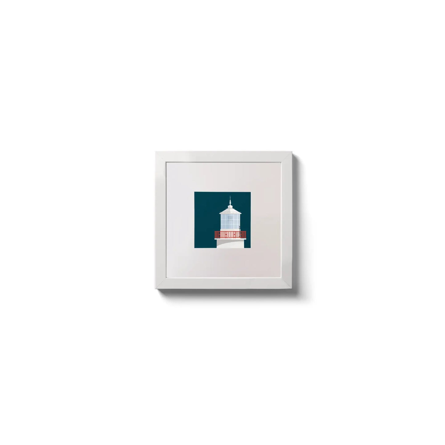 Contemporary wall art of Straw Island lighthouse on a midnight blue background,  in a white square frame measuring 10x10cm.