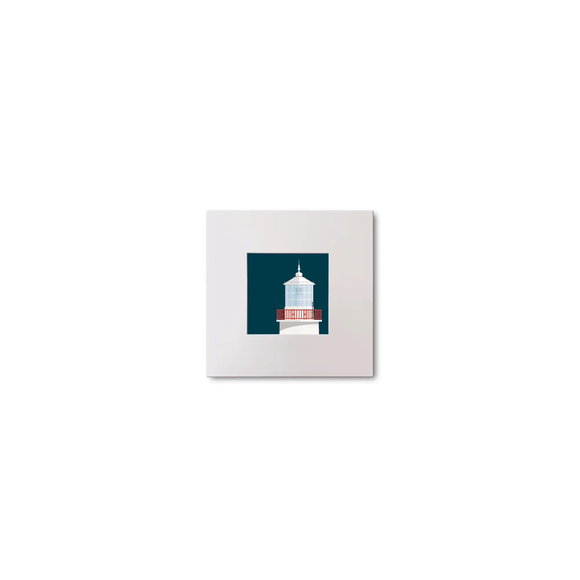 Illustration of Straw Island lighthouse on a midnight blue background, mounted and measuring 10x10cm.